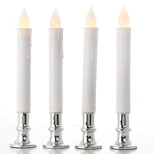 glowiu Flameless Window Candles with Removable Silver Holder Bases and Suction Cups  Battery 90 LED Candlesticks with Automatic 6Hr Timer - Set of 4 Silver
