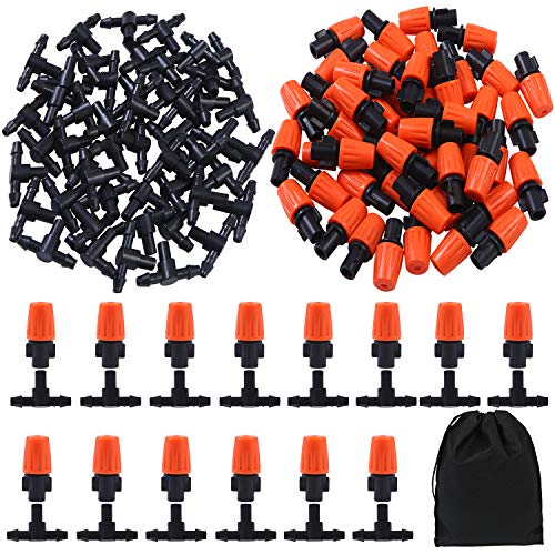 Elcoho 100 Pieces Garden Irrigation Misting Nozzles Sprinkler Heads with 47mm Pipe Barbed Tee Connectors 100