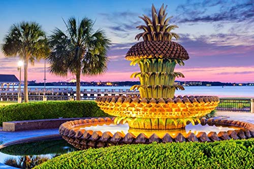 Charleston South Carolina - Park Pineapple Fountain with Palm Trees at Sunset A-9008214 18x12 Gallery Quality Metal Art