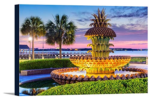 Charleston South Carolina - Park Pineapple Fountain with Palm Trees at Sunset A-9008214 18x12 Gallery Wrapped Stretched Canvas