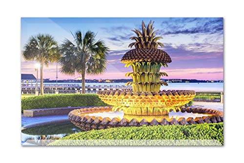 Charleston South Carolina - Park Pineapple Fountain with Palm Trees at Sunset A-9008214 6x4 Acrylic Photo Block Gallery Quality