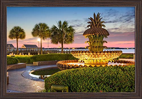 Charleston South Carolina - Waterfront Park with Pineapple Fountain at Sunset 9018533 24x16 Giclee Art Print Gallery Framed Espresso Wood