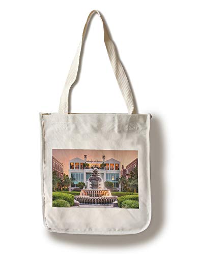 Lantern Press Charleston South Carolina - Waterfront Park with Pineapple Fountain at Twilight 9018543 100 Cotton Tote Bag - Reusable