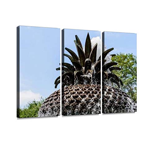 Pineapple Fountain Charleston South Carolina Print On Canvas Wall Artwork Modern Photography Home Decor Unique Pattern Stretched and Framed 3 Piece