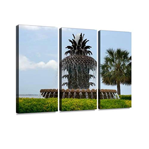Pineapple Fountain Charleston South Carolina Print On Canvas Wall Artwork Modern Photography Home Decor Unique Pattern Stretched and Framed 3 Piece