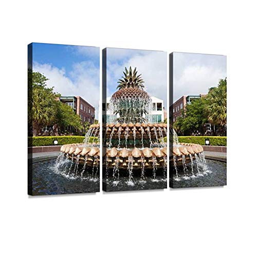 Pineapple Fountain in Charleston South Carolina Print On Canvas Wall Artwork Modern Photography Home Decor Unique Pattern Stretched and Framed 3 Piece