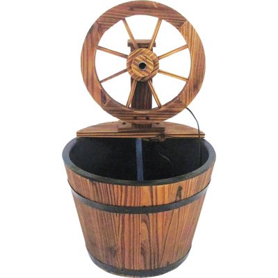 Fir Wood Wagon Wheel Rain Barrel Fountain