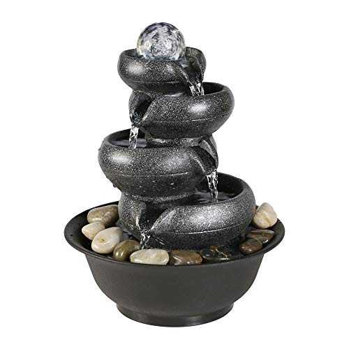 BBabe Flowing Pot Table Waterfall Fountain 11 25 4 Tier Indoor Fountain Zen Meditation Waterfall with Ball LED Light for Home Office
