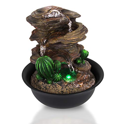 Electric Meditation Water Fountain Decor - 3-Tier Cool Portable Desktop Tabletop Decorative Indoor Outdoor Zen Waterfall Decoration w LED Submersible Pump and Power Adapter - SereneLife AZSLTWF63LED