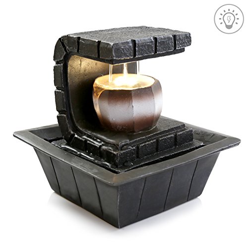 Electric Tabletop Water Fountain Decoration - 2-Tier Cool Indoor Outdoor Portable Tabletop Decorative Zen Meditation Waterfall Decor Kit WLed Light Effect Submersible Pump and Adapter - SereneLife