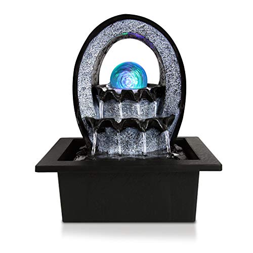 Electric Tabletop Water Fountain Decoration - 2-Tier Indoor Outdoor Portable Desktop Decorative Waterfall Kit wLED Illuminated Crystal Ball Accent Include Submersible Pump 12V Adapter - SereneLife