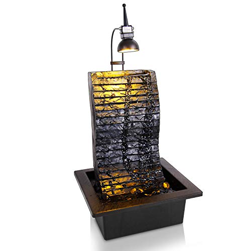 Electric Tabletop Water Fountain Decoration - Slate Desktop Indoor Outdoor Portable Decorative Zen Waterfall Kit Illuminated WLed Spotlight Includes Submersible Pump and 12V Adapter - SereneLife
