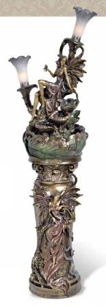 53H Bronze Fairy Fountain Lamp-Pedestal Set
