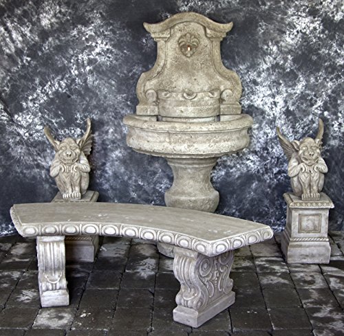 Palermo Wall Fountain W/gargoyles On Egg & Dart Pedestal W/curved Bench Package #1038