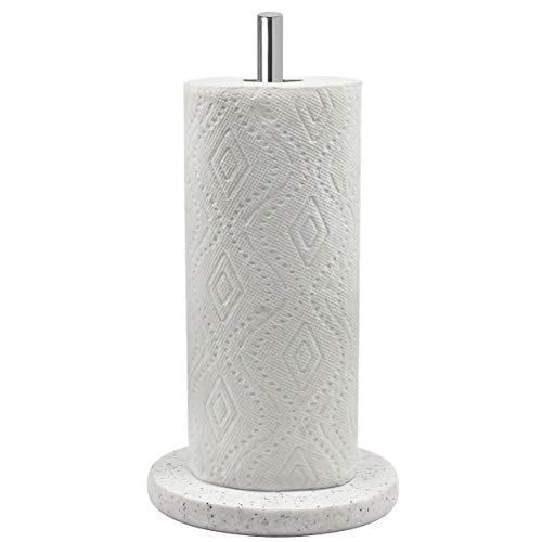 Standing Paper Towel Holder for Kitchen Stainless Steel Countertop Paper Towel Dispenser with Light Marble Color Weighted Resin Base fit Standard and Jumbo-Sized Rolls Sesame
