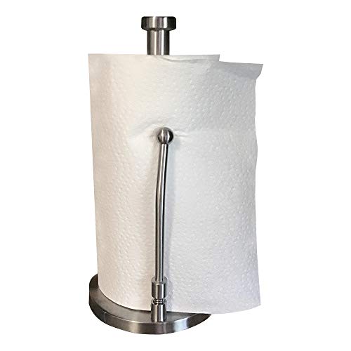 Best Stainless Steel Kitchen Paper Towel Holder Stand - Tension Spring Arm for Easy Roll of 1 Sheets - Perfect Tear Dispenser Tension Arm Weighted Anti-slip Base Countertop Model