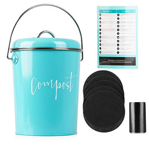 Compost Bin for Kitchen Counter Stainless Steel Countertop Compost Container as 13 Gallon Indoor Compost Bucket or Counter Composter Pail with Lid 50 Compost Bags and 6 Charcoal Filters Turquoise