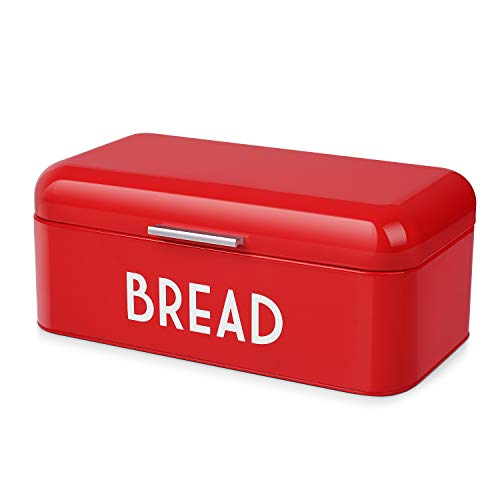 Flexzion Vintage Metal Bread Box for Kitchen Counter Bread Bin Storage Container Steel Countertop Space Saving for Homemade Machine Bread Refrigerator Travel Camping Bakery Cafe Red