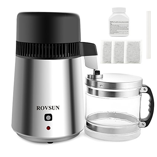 ROVSUN Stainless Steel Countertop Water Distiller Machine 4L Fully Upgraded Home Pure Water Purifier Filter 750W Distilled Water Maker with Glass Container 1Lh 5 Bonus Gifts FDA&CE Listed