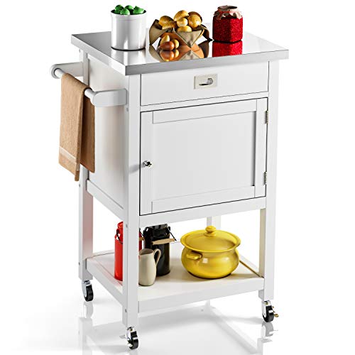 VIPEK Rolling Island Kitchen Trolley Cart with Stainless Steel Countertop Utility Microwave Cart Table with Towel Rack Drawer Storage Cabinet and Shelf Small Kitchen Island on Wheels White