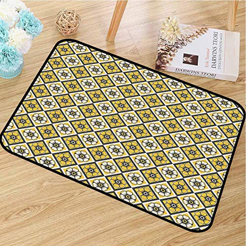 Lightweight Door mat Grey and Yellow for Bathroom Tile Like Spring Flowers in Rectangular Shape Image W24 x L47 Charcoal Grey Yellow and White