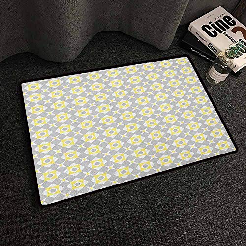 Xlcsomf Multi-Function Door mat Grey and Yellow for Bathroom Tile Inspired Squares Rounds in Triangles Image Pale Grey Pale Yellow and WhiteW35 x L47