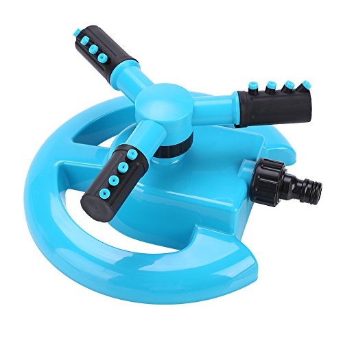 Delaman Lawn Sprinkler Automatic 360 Rotating Adjustable Garden Sprinkler Garden Water Irrigation System 3 Nozzle Pipe Hose Blue