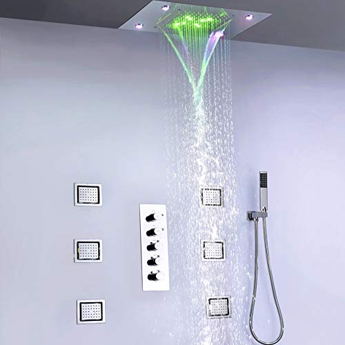 WG Waterfall Rain Shower Faucet Set Thermostatic Mixer Valve Bathroom Faucet Tap Colorful Bath LED Shower Head SystemA