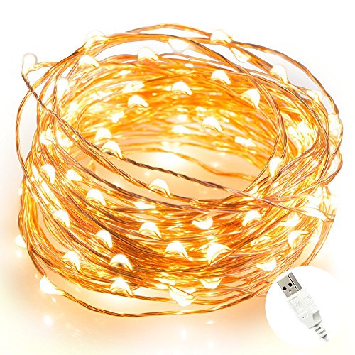 Ottertooth Outdoor LED String Lights 33ft USB Powered Weatherproof 100 LEDs Fairy Lights Copper Wire Starry String Lights for Christmas Tree Bedroom Party Decoration - Warm White