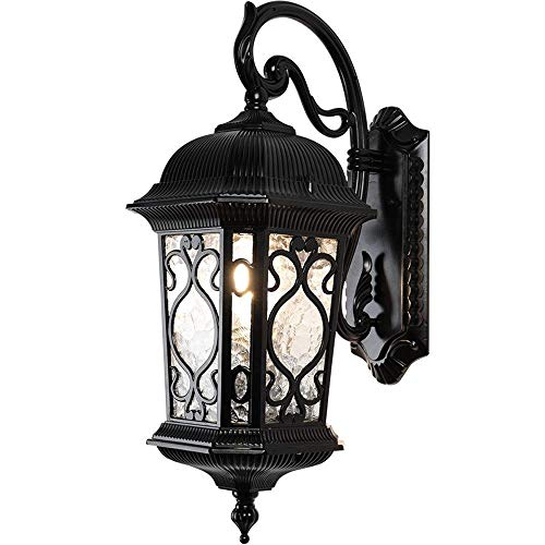 HGMMY Antique Vintage Victorian Garden Lantern Alley Garden Waterproof Wall Sconce Glazed Glass Landscape Light LED Aluminum Villa Wall Lamp External Lighting Fixture Black