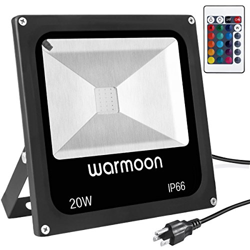 Warmoon Outdoor LED Flood Light 20W RGB Color Changing Waterproof Security Lights with US 3-Plug Remote Control for GardenScenic SpotHotel