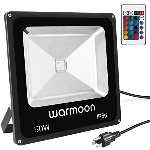 Warmoon Outdoor LED Flood Light 50W RGB Color Changing Waterproof Security Lights with 3-Prong US Plug Remote Control