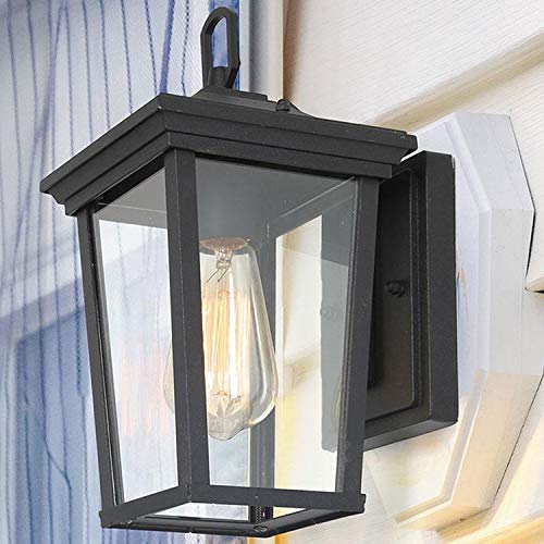 LALUZ A03278s Exterior Light Fixtures Farmhouse Wall Mount Lantern Outdoor Sconce with Clear Glass for Entryway Yards Front Porch Black