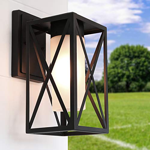 LALUZ Outdoor Exterior Light Fixtures Porch Wall Sconce with Frosted Glass for Entryway Yards Patio Black