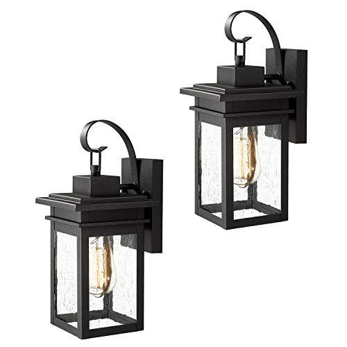 Zeyu 1-Light Outdoor Wall Light 2 Pack Exterior Wall Sconce Light Fixtures in Black Finish with Seeded Glass Shade 20072B1-2PK