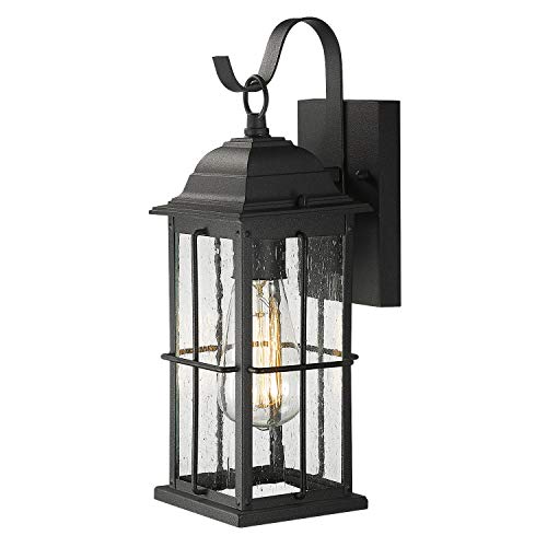 Zeyu 1-Light Outdoor Wall Sconce Lantern 14 inch Exterior Light Fixtures Wall Mount in Black Finish with Seeded Glass Shade 20071B1
