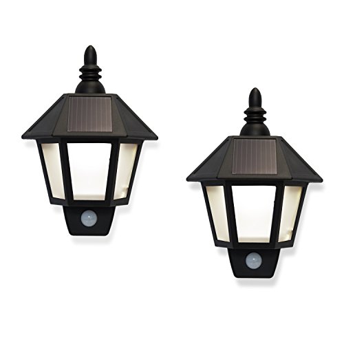 Set of 2 Outdoor Warm White Solar Sconce Security Wall Lights with High Tech Motion Detection- Rechargeable Battery Included