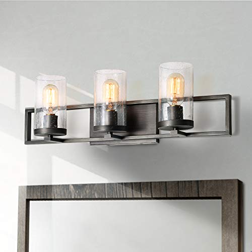 LALUZ Rustic Bathroom Vanity Light Fixture 3-Lights Industrial Bathroom Lighting with Seeded Glass