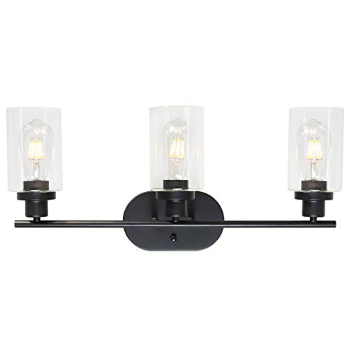 VINLUZ 3 Light Black Wall Sconces Bathroom Lighting Fixture with Clear Glass Shade