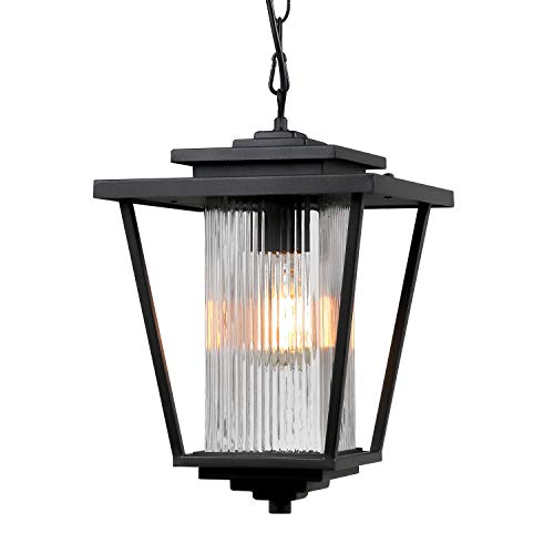 Osimir Outdoor Pendant Light 17 inch Large Outdoor Hanging Lantern in Black Finish with Square Ribbed Glass Exterior Porch Pendant Lighting 24101HL