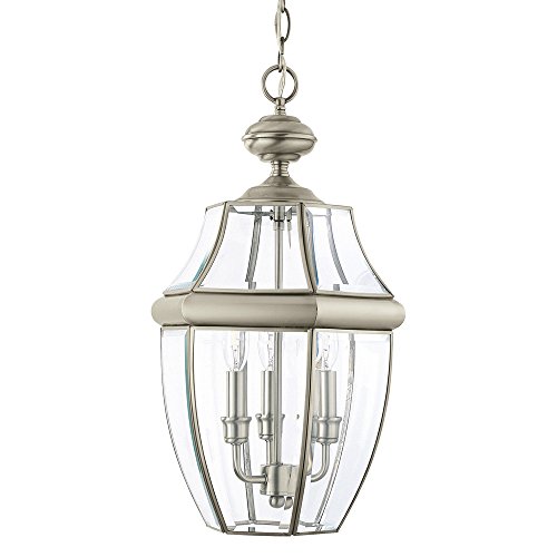 Sea Gull Lighting 6039-965 Lancaster Three-Light Outdoor Pendant Light With Clear Curved Beveled Glass Panels Antique Brushed Nickel Finish