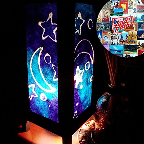 Blue Star Moon Night Table Lamp Lighting Shades Floor Desk Outdoor Touch Room Bedroom Modern Vintage Handmade Asian Oriental Wood LED Bedside Gift Art Home Garden Christmas Free Adapter Us 2 Pin Plug 126