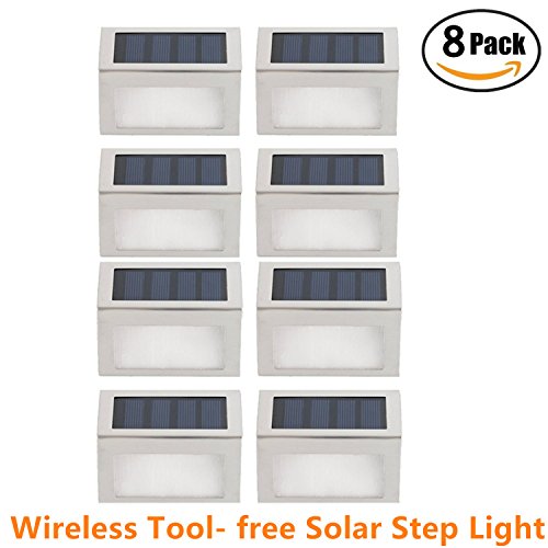 Pack of 8 HowFine Outdoor Stainless Steel LED Solar Step Light Wireless Super Bright Modern White Lamp for Deck Staircase Walkway Patio Garden Yard Patio