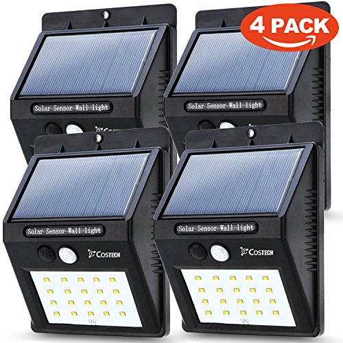 Solar Power Sensor Wall Light Costech 20 LED Ultra Bright Wireless Security Motion Weatherproof Outdoor Lamp for Patio Deck Yard Garden Home Solar sensor 20 LED - 4Pack