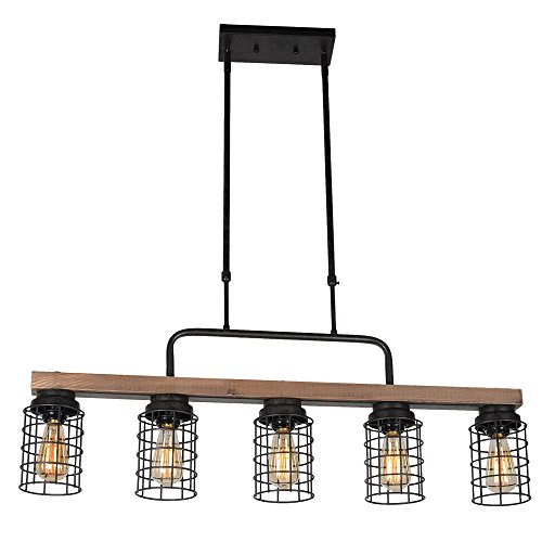 Baiwaiz Wood Pool Table Light Rustic Kitchen Island Lighting Metal Cage Linear Chandelier Industrial Farmhouse Dining Room Light Fixture 5 Light Edison E26 069