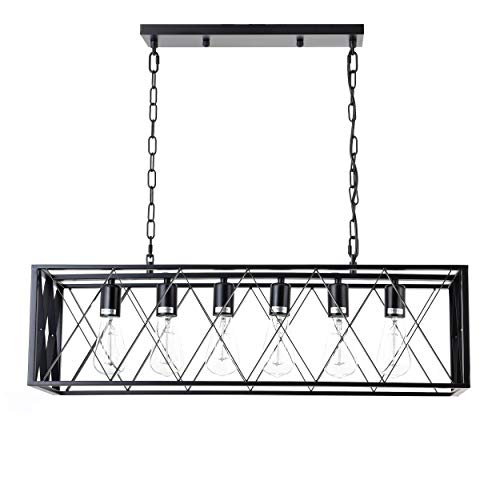 ISRAMP 6 Lights Pendant Light Kitchen Ceiling Hanging Bar Lights Simplicity Dining Room Light Fixture Industrial Metal Black Matte Rectangle Island Lighting Chandelier