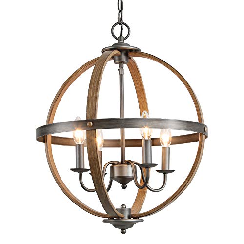 KSANA Farmhouse Chandeliers for Dining Rooms 4 Lights Metal Dining Room Lighting Fixtures Ceiling Hanging Orb Foyer Chandelier Lighting for Bedroom and Living Room Faux Wood Silver Brushed Finish