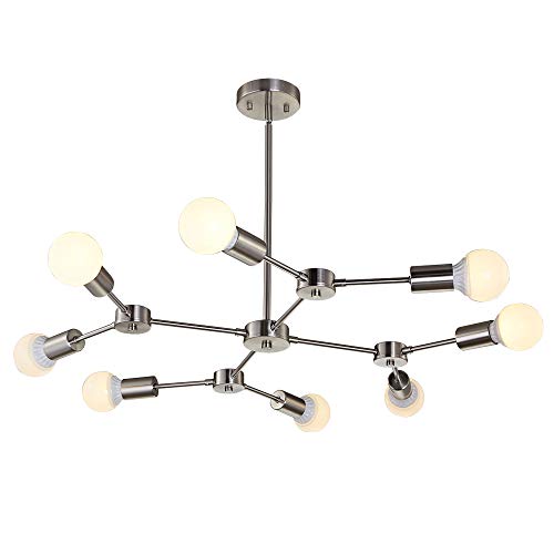 MELUCEE Mid Century Modern Chandelier Sputnik 8-Light Brushed Nickel Semi Flush Mount Ceiling Light Fixtures for Dining Room Kitchen Living Room Foyer and Hallway