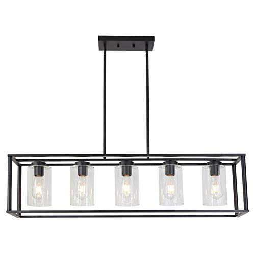 VINLUZ Contemporary Modern Chandeliers Rectangle Black 5 Light Dining Room Lighting Fixtures Hanging Kitchen Island Cage Pendant Lights Farmhouse Ceiling Light with Glass Shade Adjustable Rods