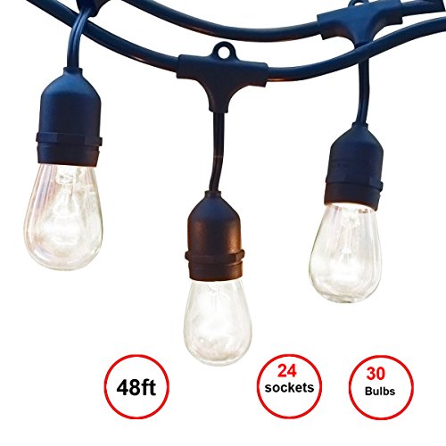 48ft String Lights with 24 x E26 Dropped Sockets and Hanging Loops - 30 x 11 Watt S14 Bulbs Included 6 Spares IndoorOutdoor Light Strings String of lights